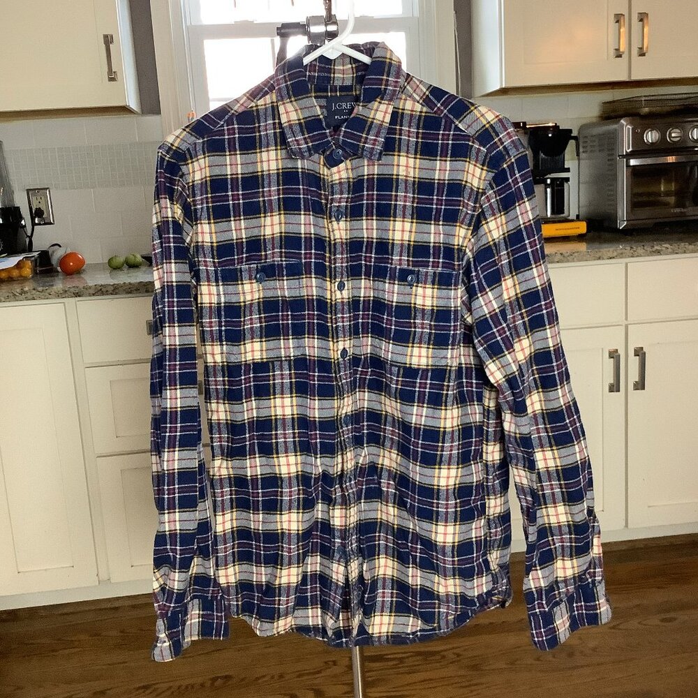 J Crew Flannel Medium Cream Blue White Red Plaid